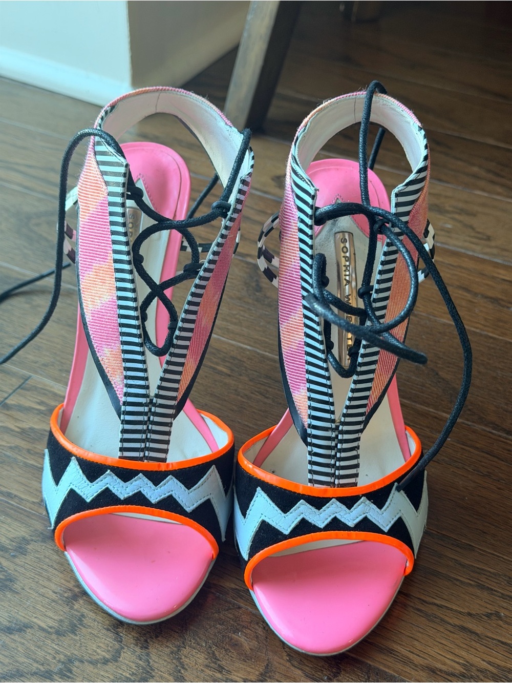 Sophia Webster Pink & Black Zigzag Lace-Up Heels with Orange Trim